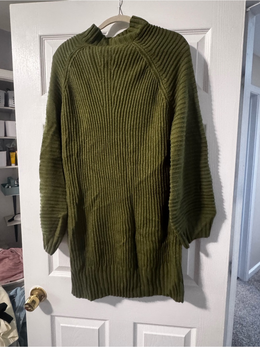 Olive Ribbed Turtleneck Sweater Dress for Women